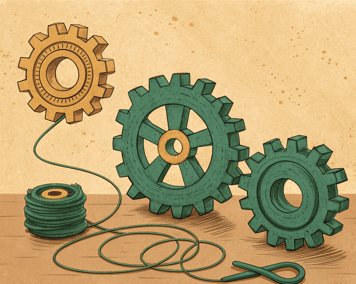 Interlocking gears turning a tangle of wire into one straight line