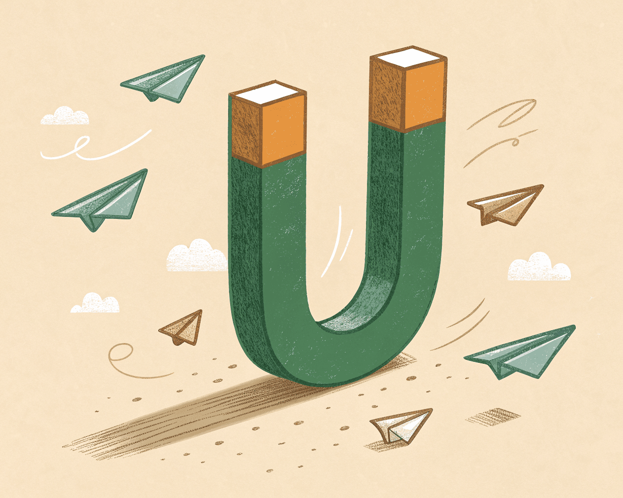 A green horseshoe magnet pulling in a swarm of paper airplanes