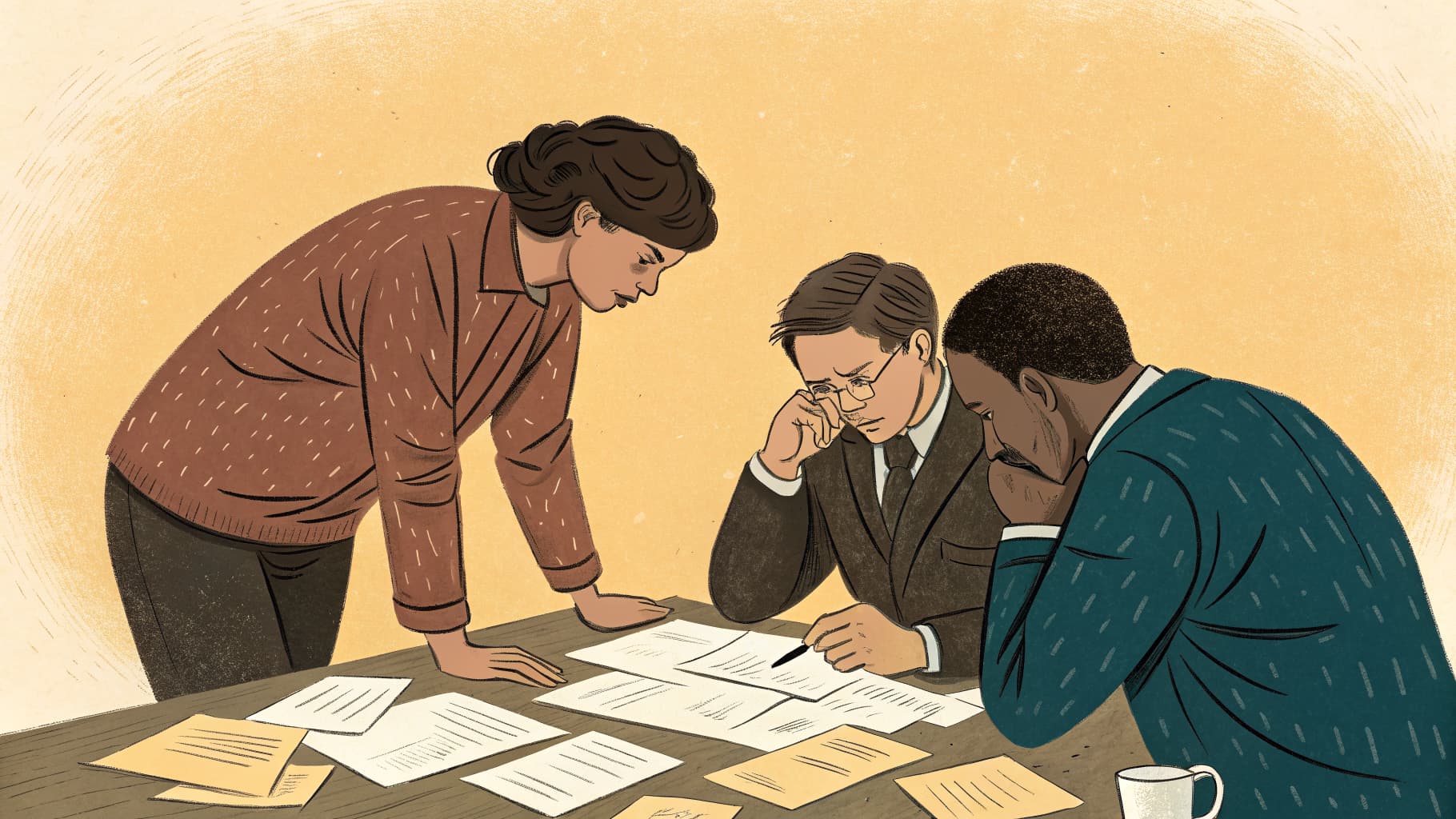 A small team huddles around a cluttered desk of overlapping notes, looking puzzled