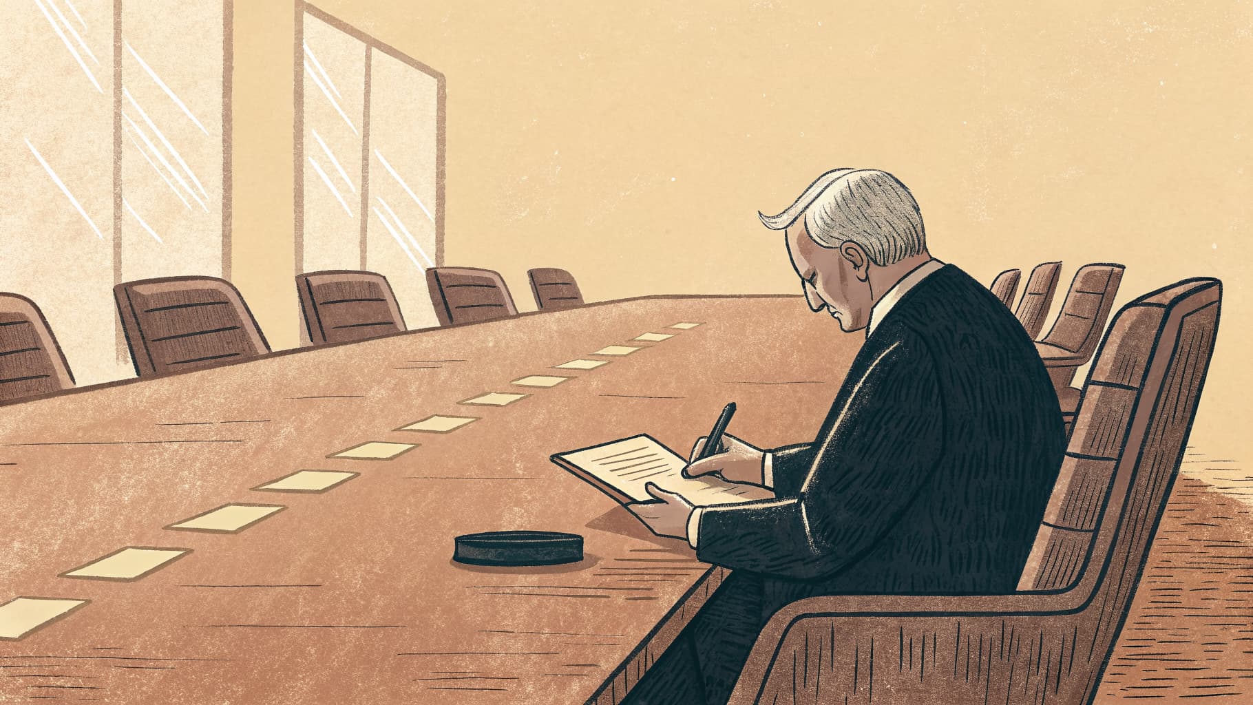 An executive at the head of a long meeting table reviewing the report