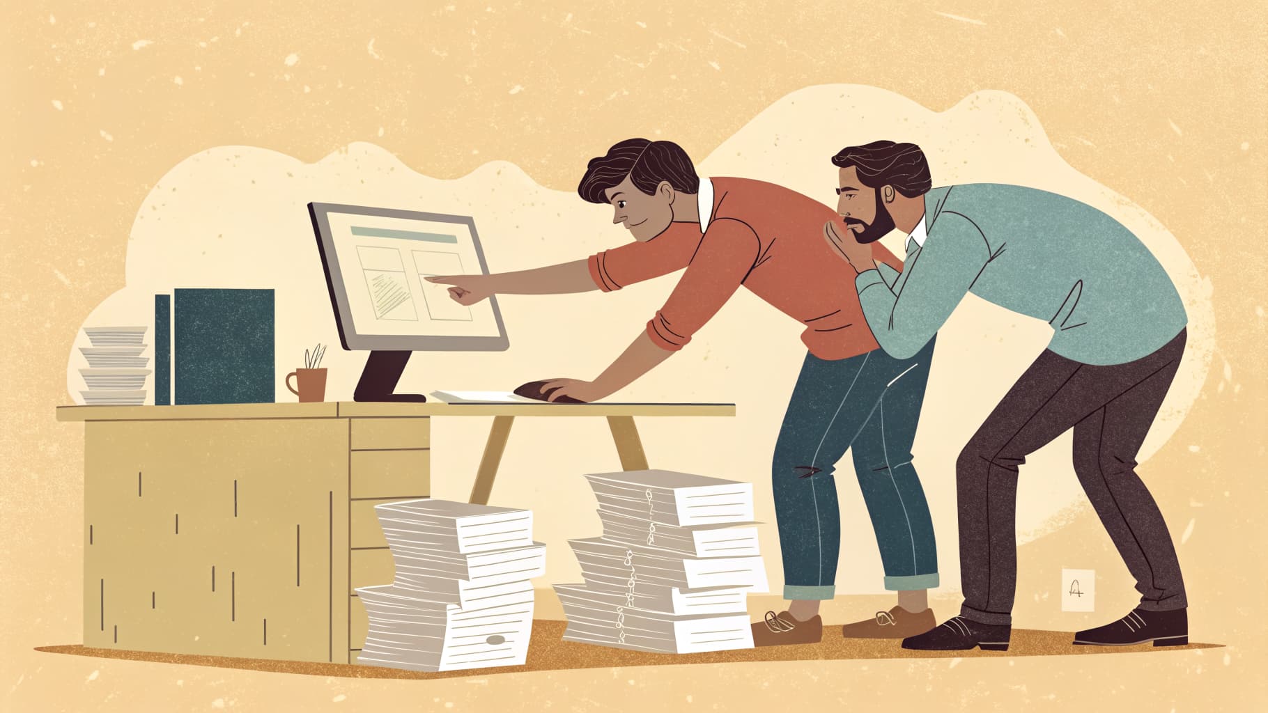 Two developers pairing at a workstation reviewing a foundation file